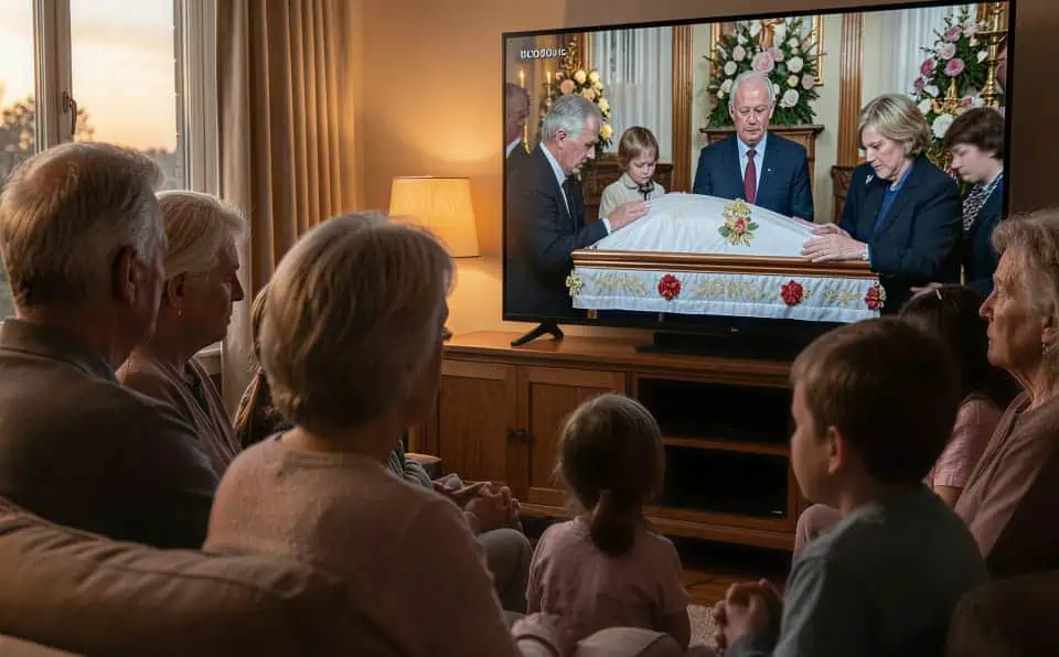Family and friends watching a funeral service on TV in a living room.