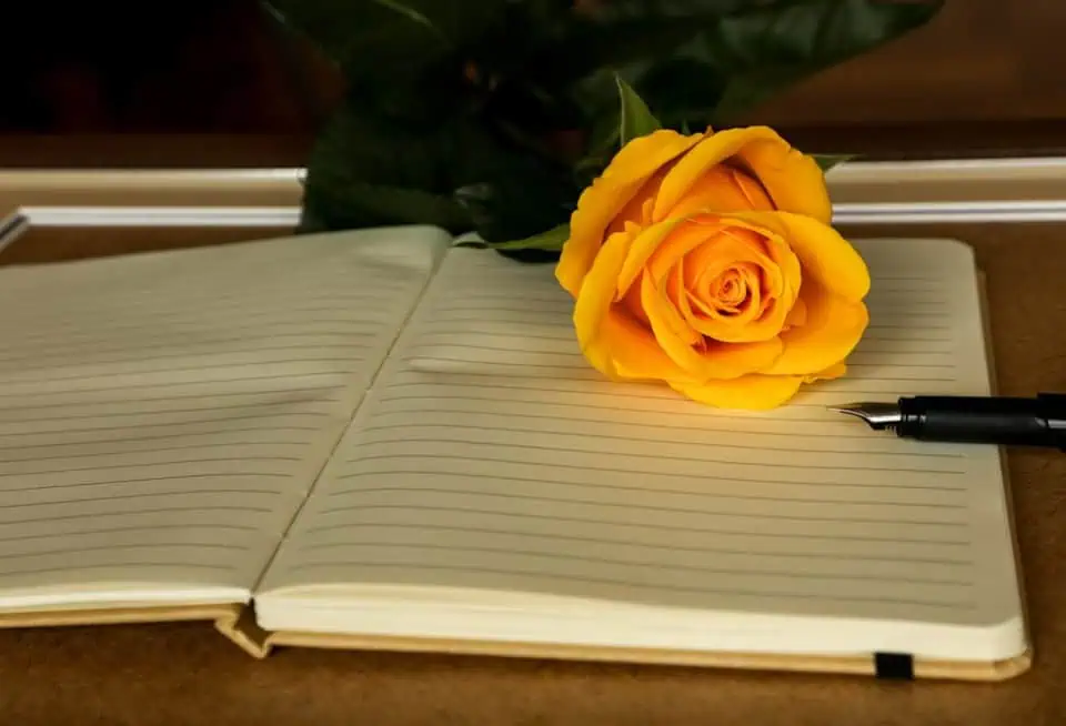 Yellow rose placed on an open lined book with a pen nearby.