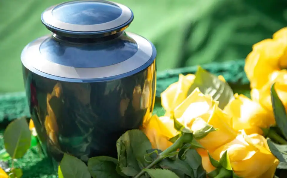Ceremonial urn surrounded by yellow roses at a memorial site.