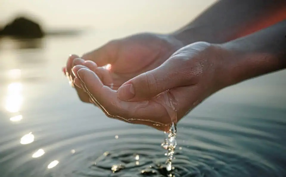 Hands cupping water on a calm lake at sunset.