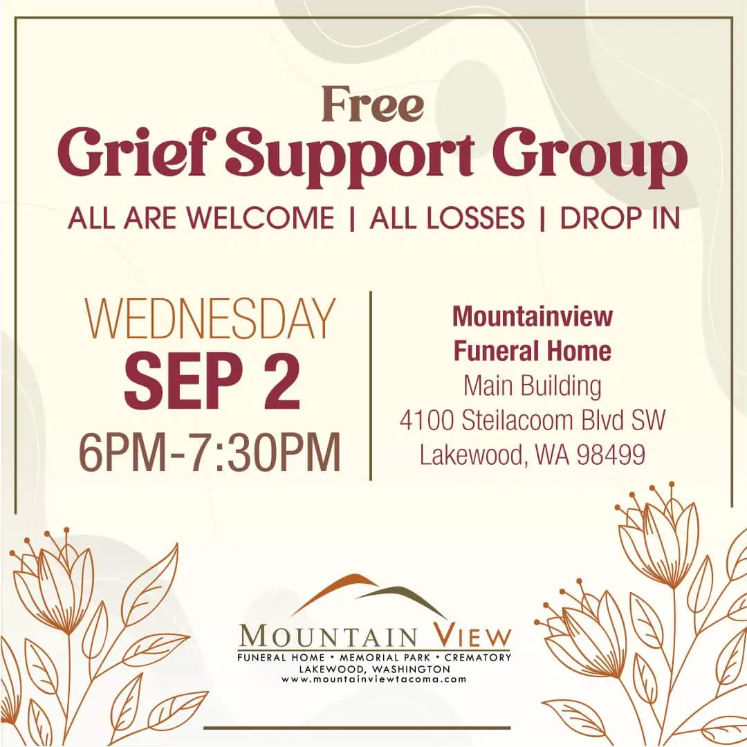 Flyer for grief support group at Mountain View Funeral Home.
