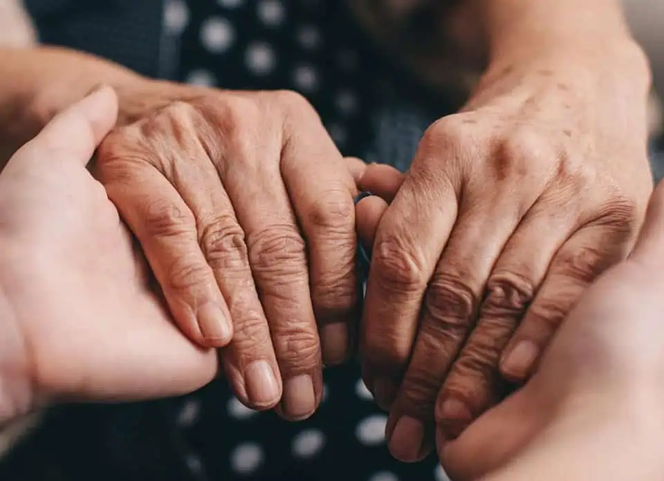 Close-up of hands holding each other, symbolizing care and support.