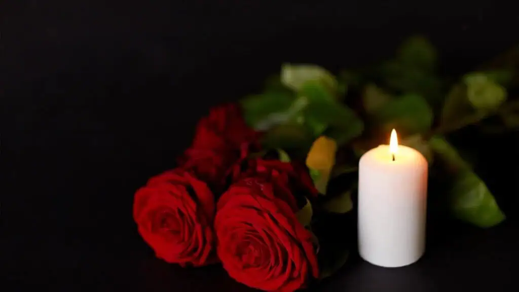 Red roses and a lit white candle on a dark background.