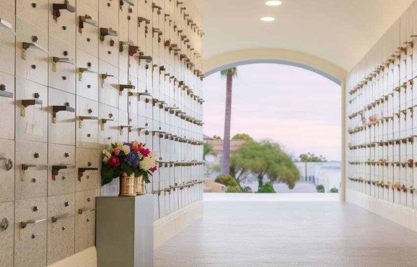 Indoor columbarium wall with small niches and a flower arrangement.